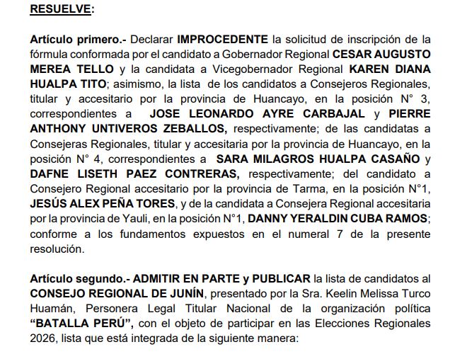 JEE declara improcedente candidatura regional de César Merea Tello de Batalla Perú